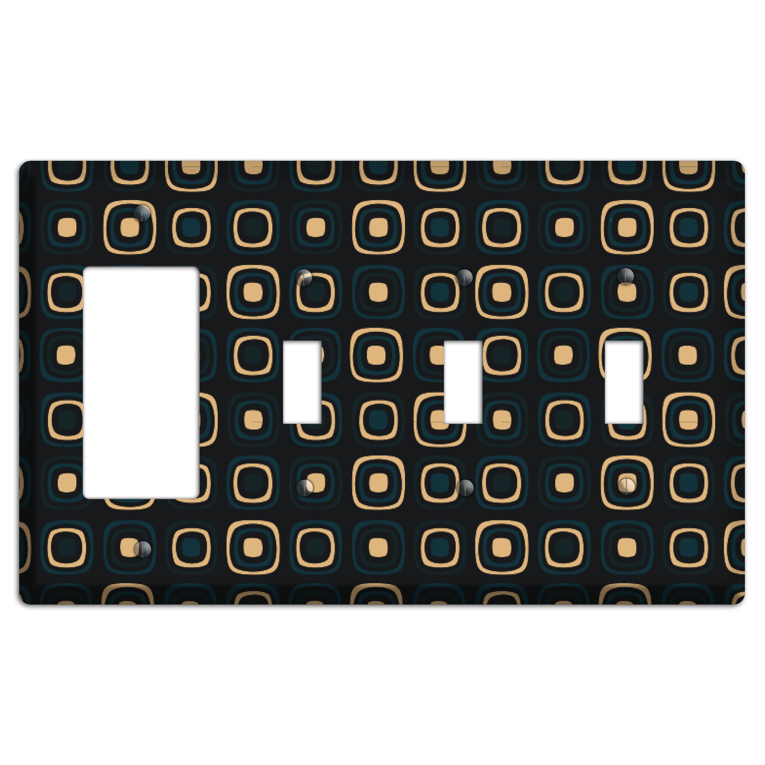 Black and Yellow Rounded Squares Rocker / 3 Toggle Wallplate