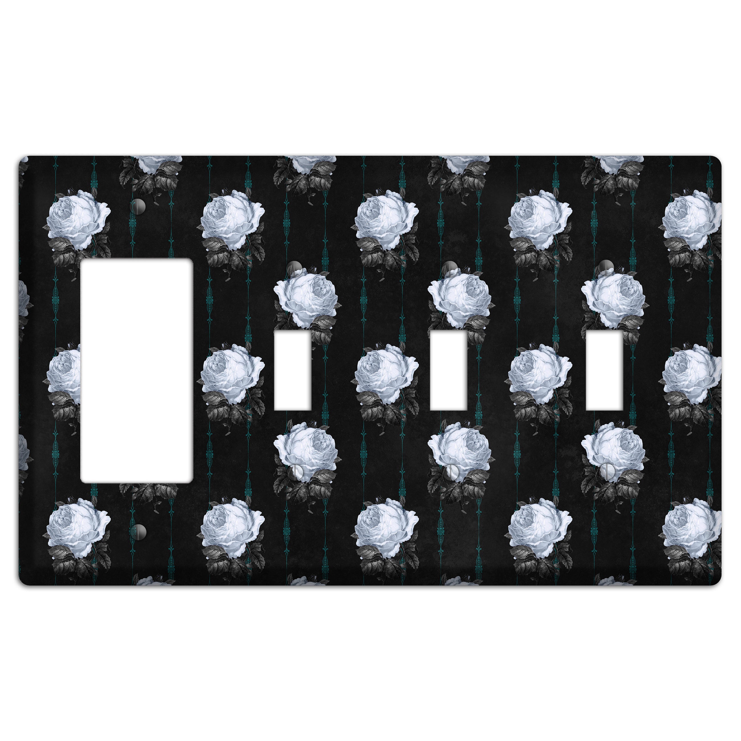 Dramatic Floral Black Rocker / 3 Toggle Wallplate