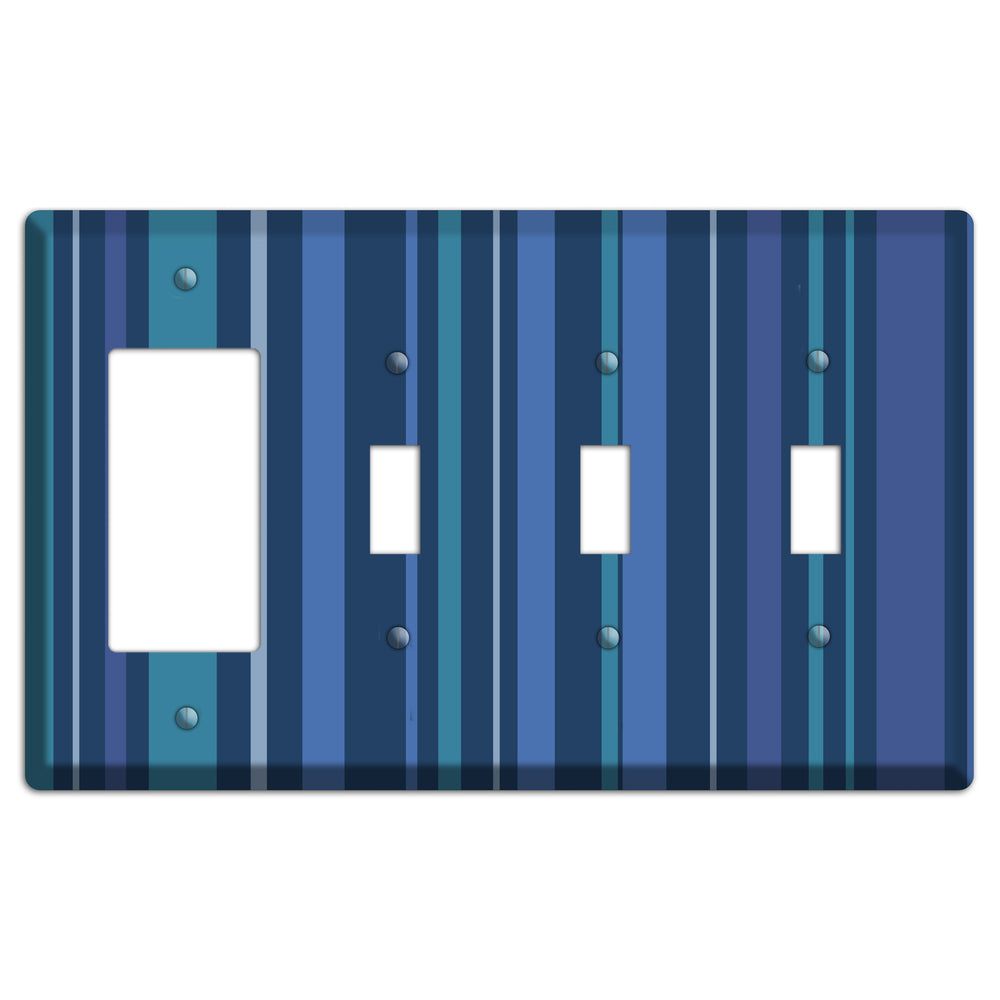 Multi Blue Vertical Stripes Rocker / 3 Toggle Wallplate