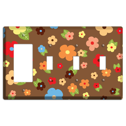 Brown Delicate Flowers Rocker / 3 Toggle Wallplate