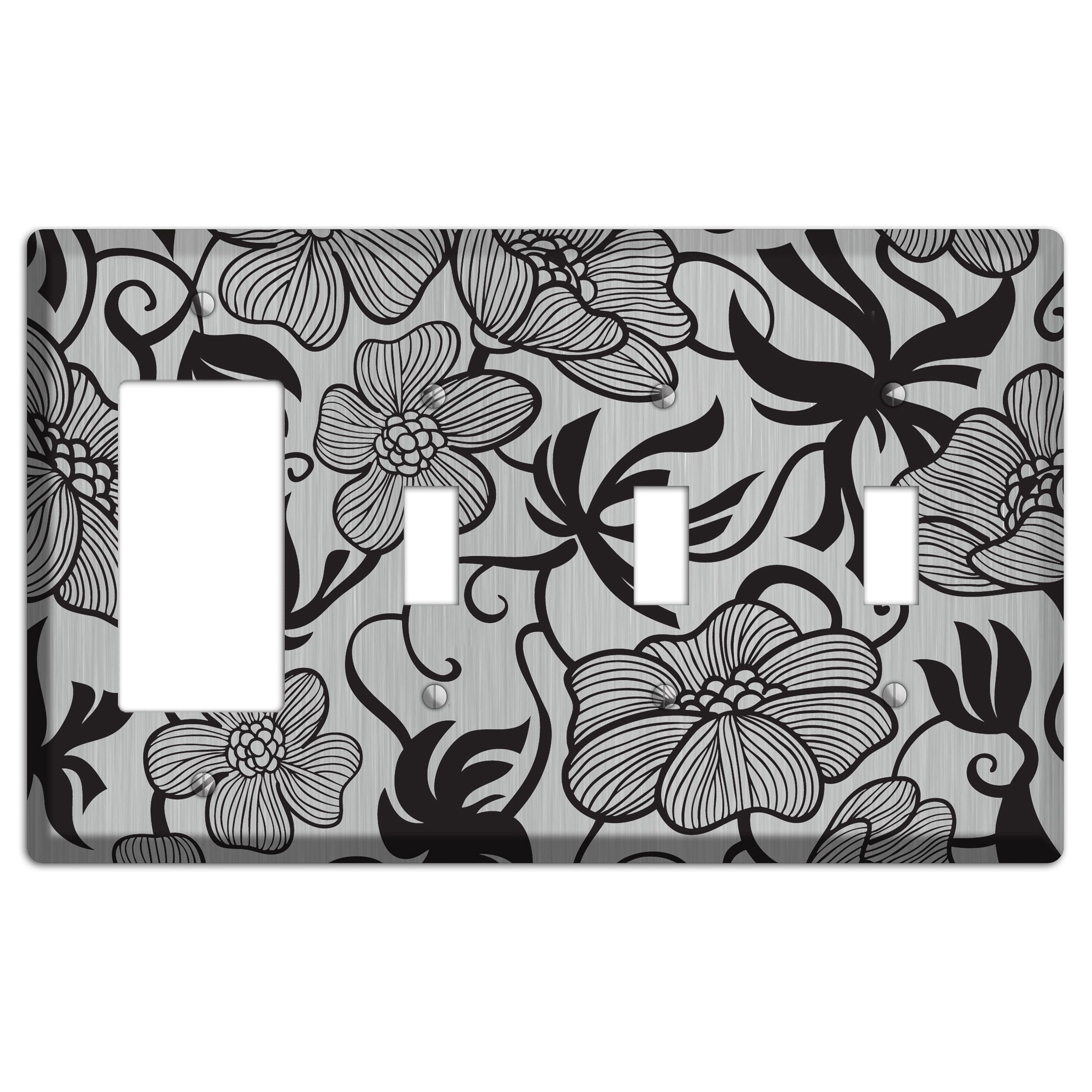 Stainless with Black Tropical Rocker / 3 Toggle Wallplate
