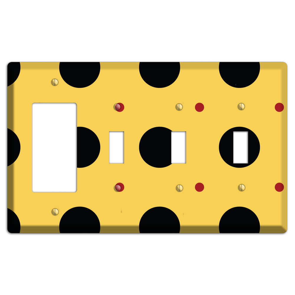 Yellow with Black and Red Multi Tiled Medium Dots Rocker / 3 Toggle Wallplate