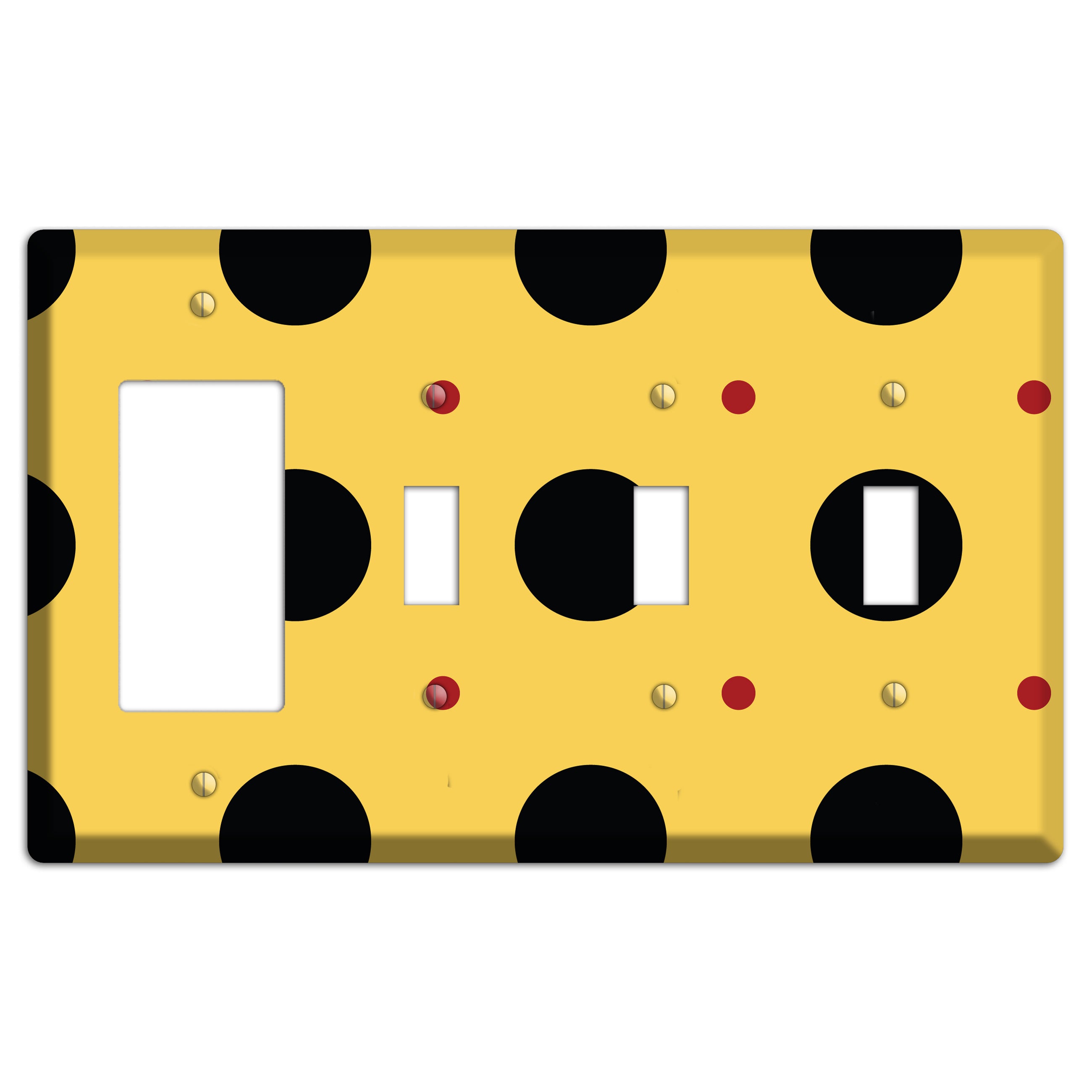 Yellow with Black and Red Multi Tiled Medium Dots Rocker / 3 Toggle Wallplate