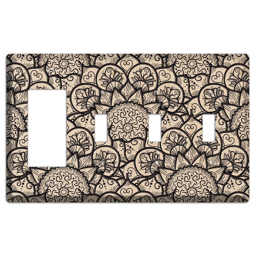 Mandala Black and White Style N Wood Lasered Rocker / 3 Toggle Wallplate