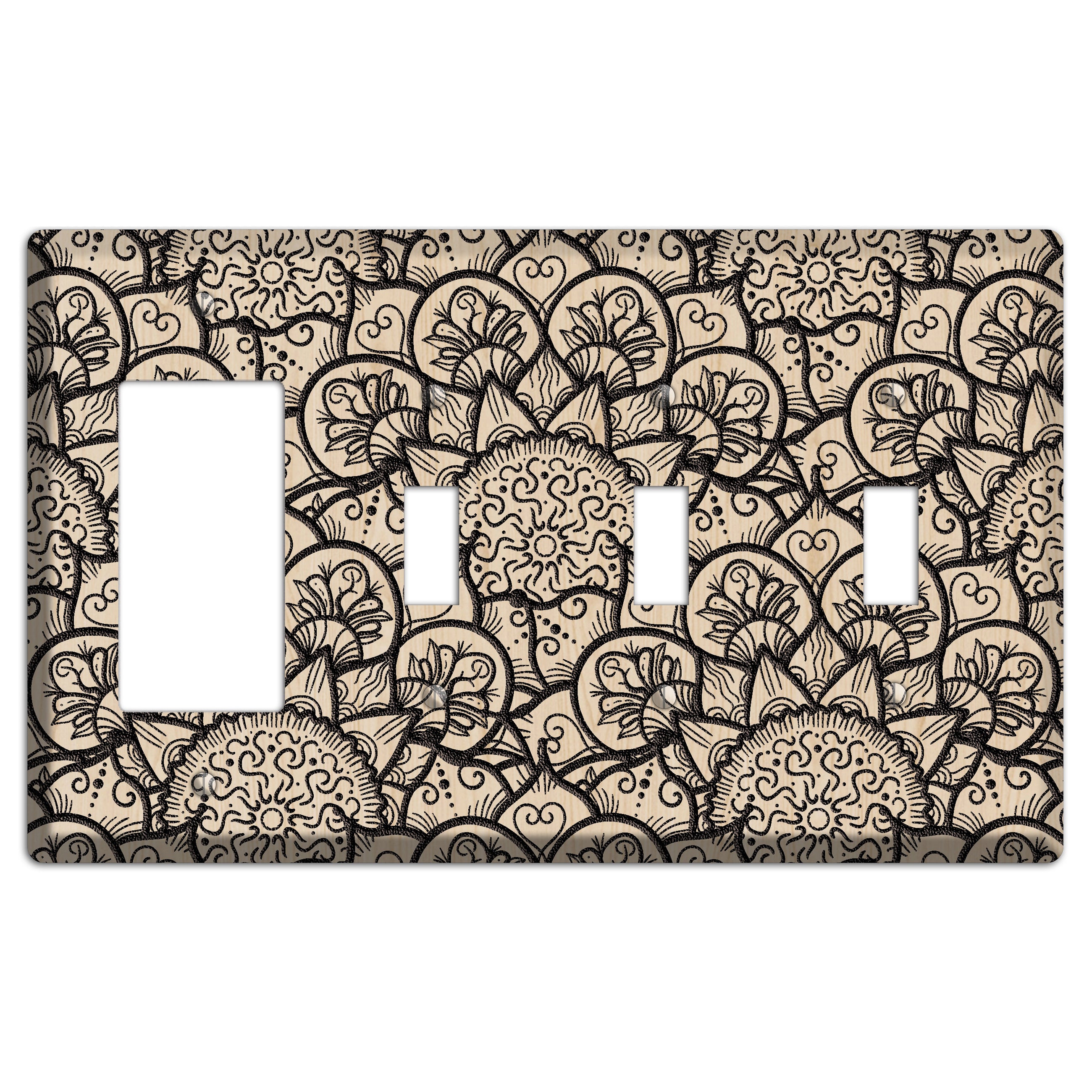 Mandala Black and White Style N Wood Lasered Rocker / 3 Toggle Wallplate