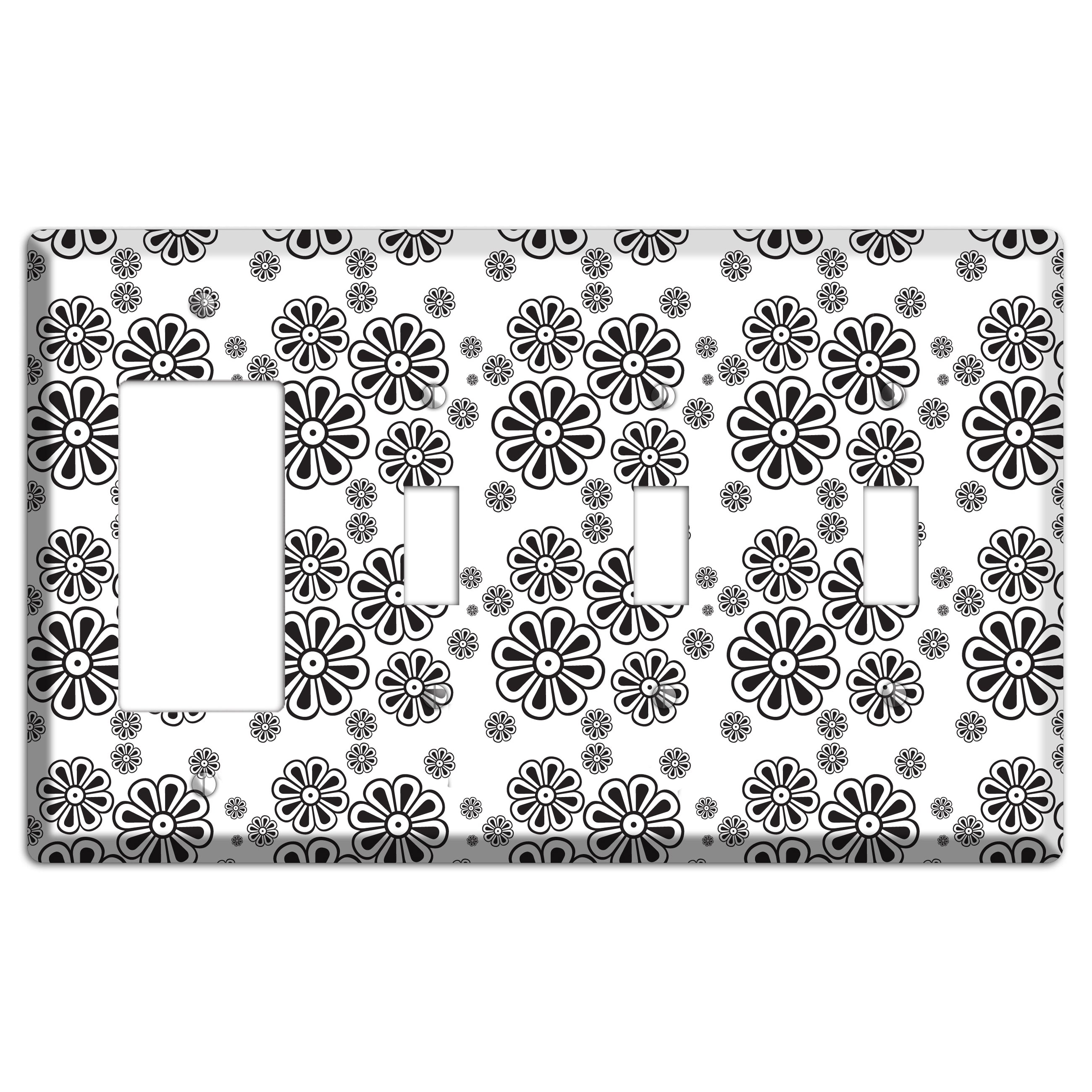 White With Black Small Retro Floral Contour Rocker / 3 Toggle Wallplate