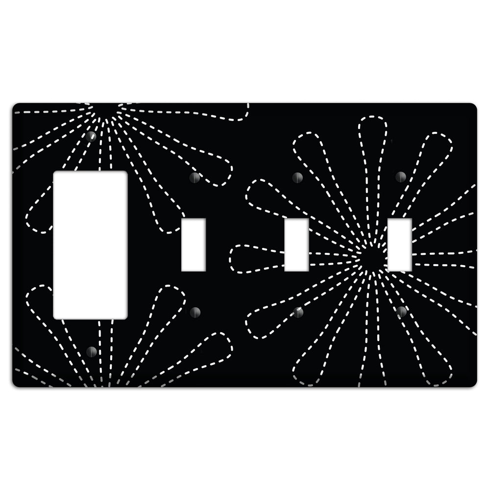 Black with White Retro Stipple Floral Contour Rocker / 3 Toggle Wallplate