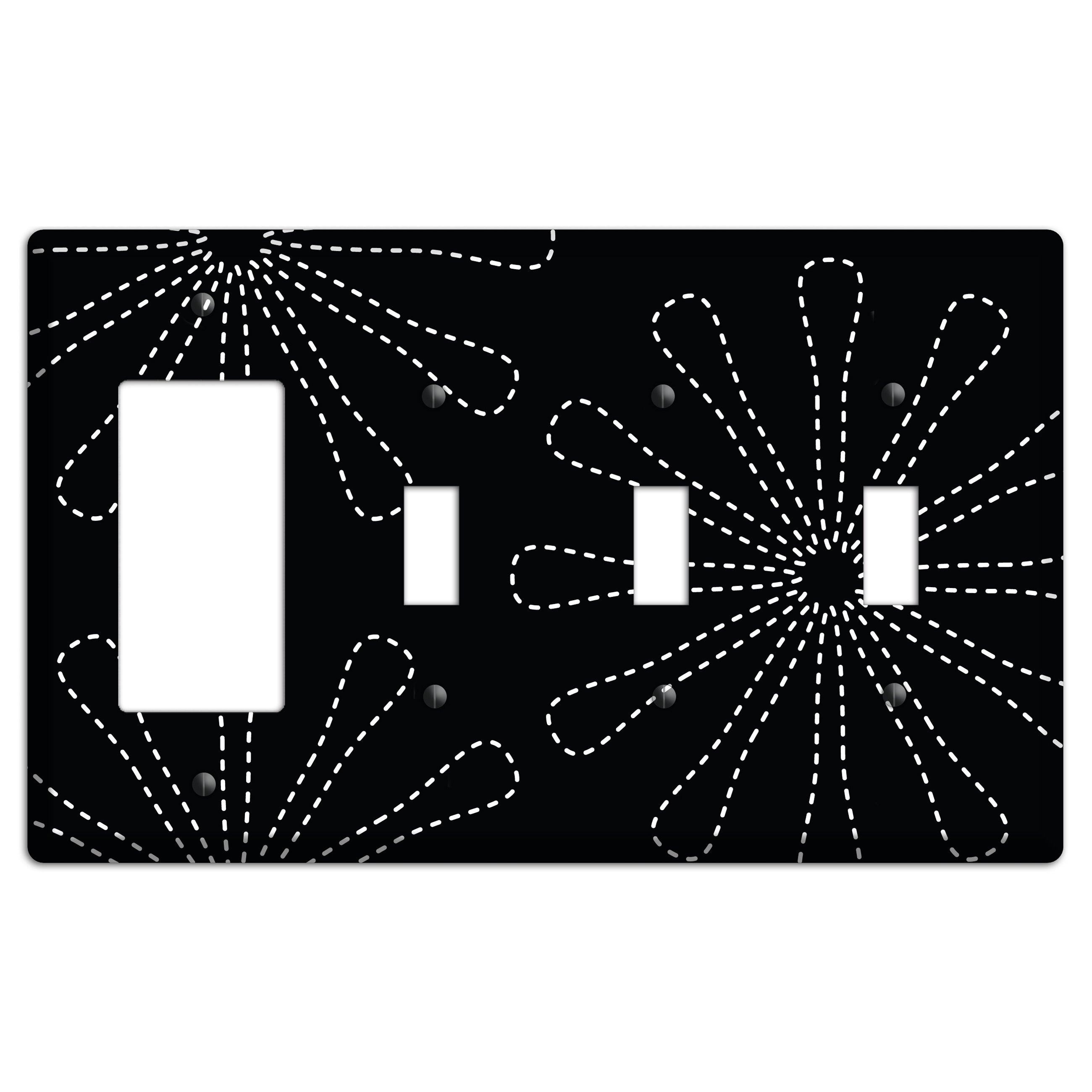 Black with White Retro Stipple Floral Contour Rocker / 3 Toggle Wallplate