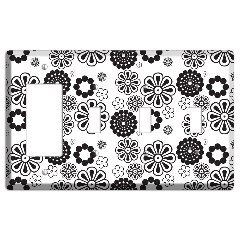 White With Black Retro Floral Contour Rocker / 3 Toggle Wallplate