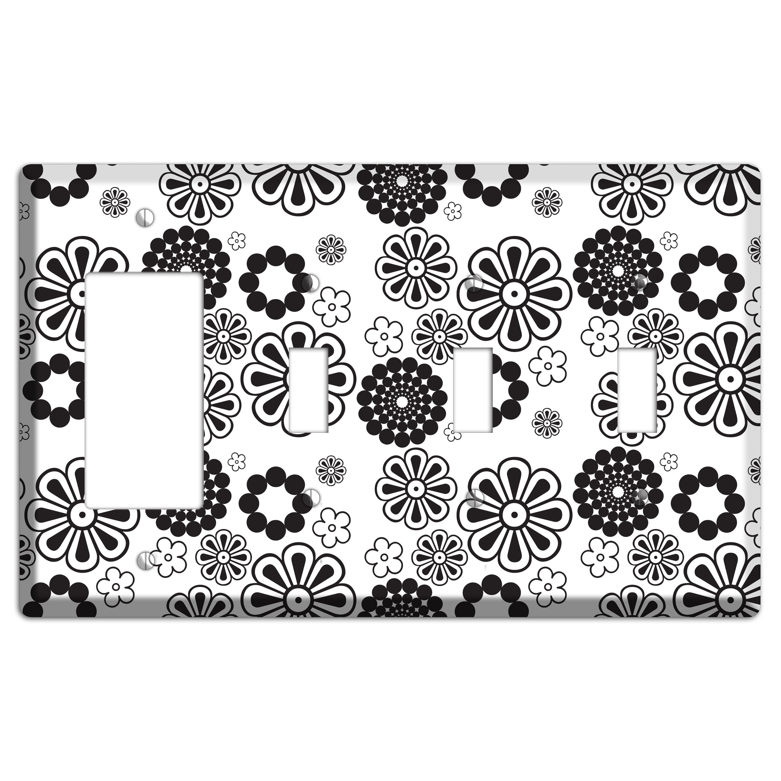 White With Black Retro Floral Contour Rocker / 3 Toggle Wallplate