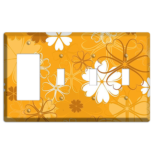 Orange Retro Flowers Rocker / 3 Toggle Wallplate