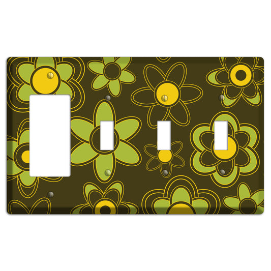 Brown with Lime Retro Floral Contour Rocker / 3 Toggle Wallplate