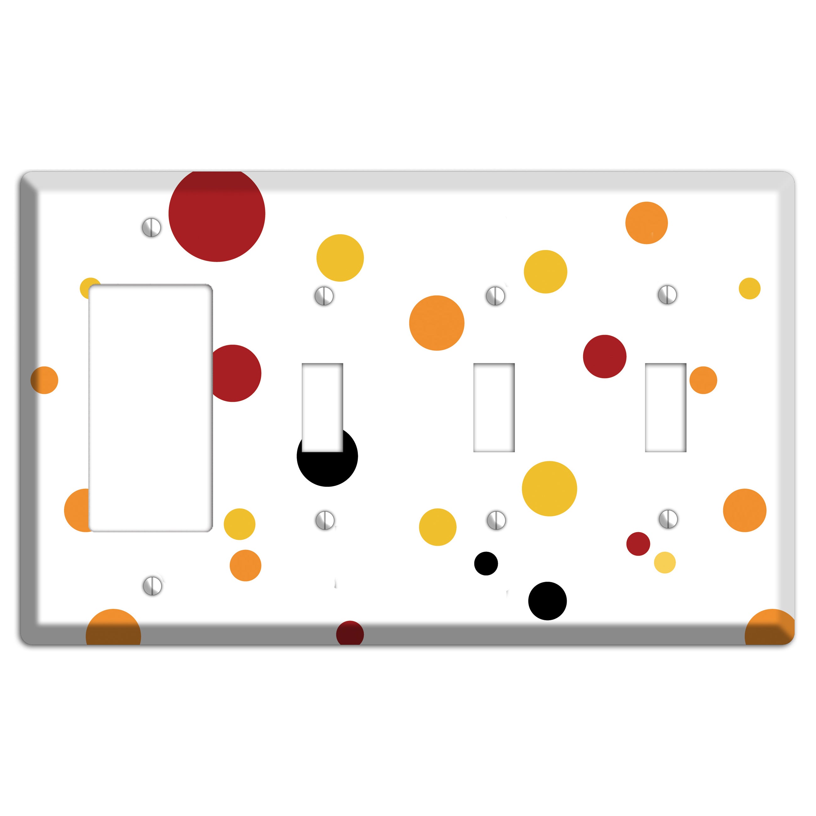 White with Red and Multi Umber Medium Dots Rocker / 3 Toggle Wallplate