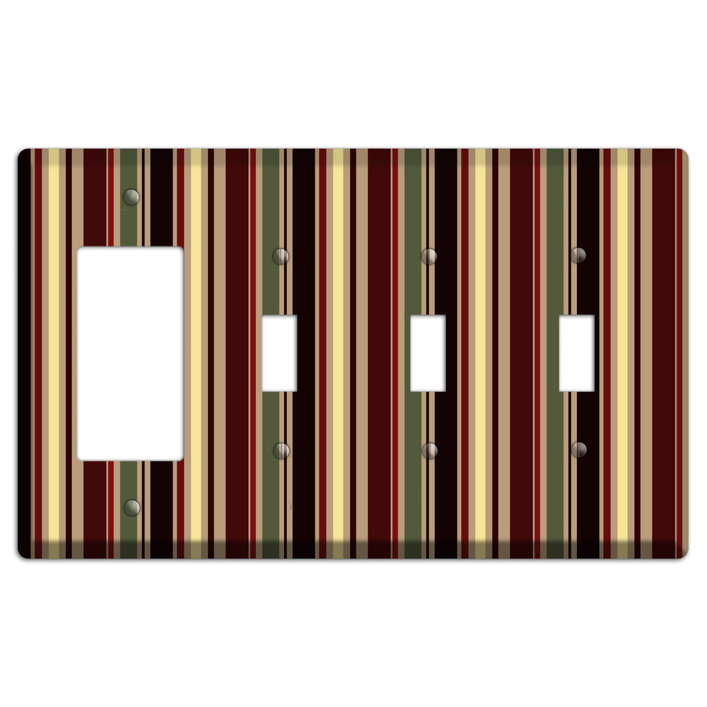 Multi olive and Burgundy Vertical Stripes Rocker / 3 Toggle Wallplate