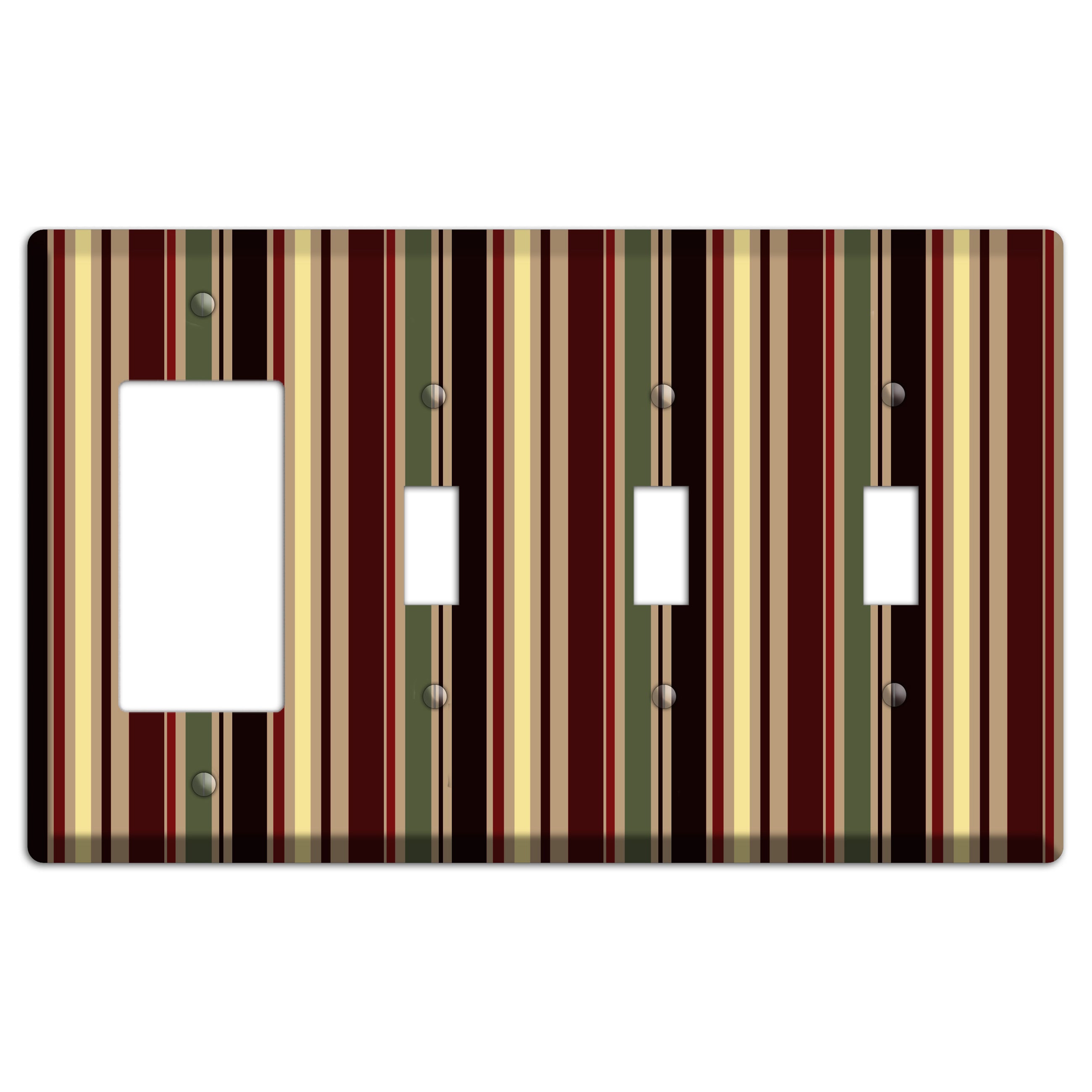 Multi olive and Burgundy Vertical Stripes Rocker / 3 Toggle Wallplate