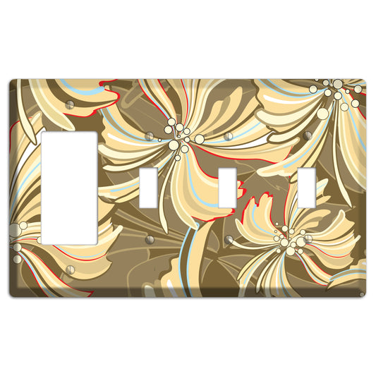 Brown Deco Blossoms Rocker / 3 Toggle Wallplate