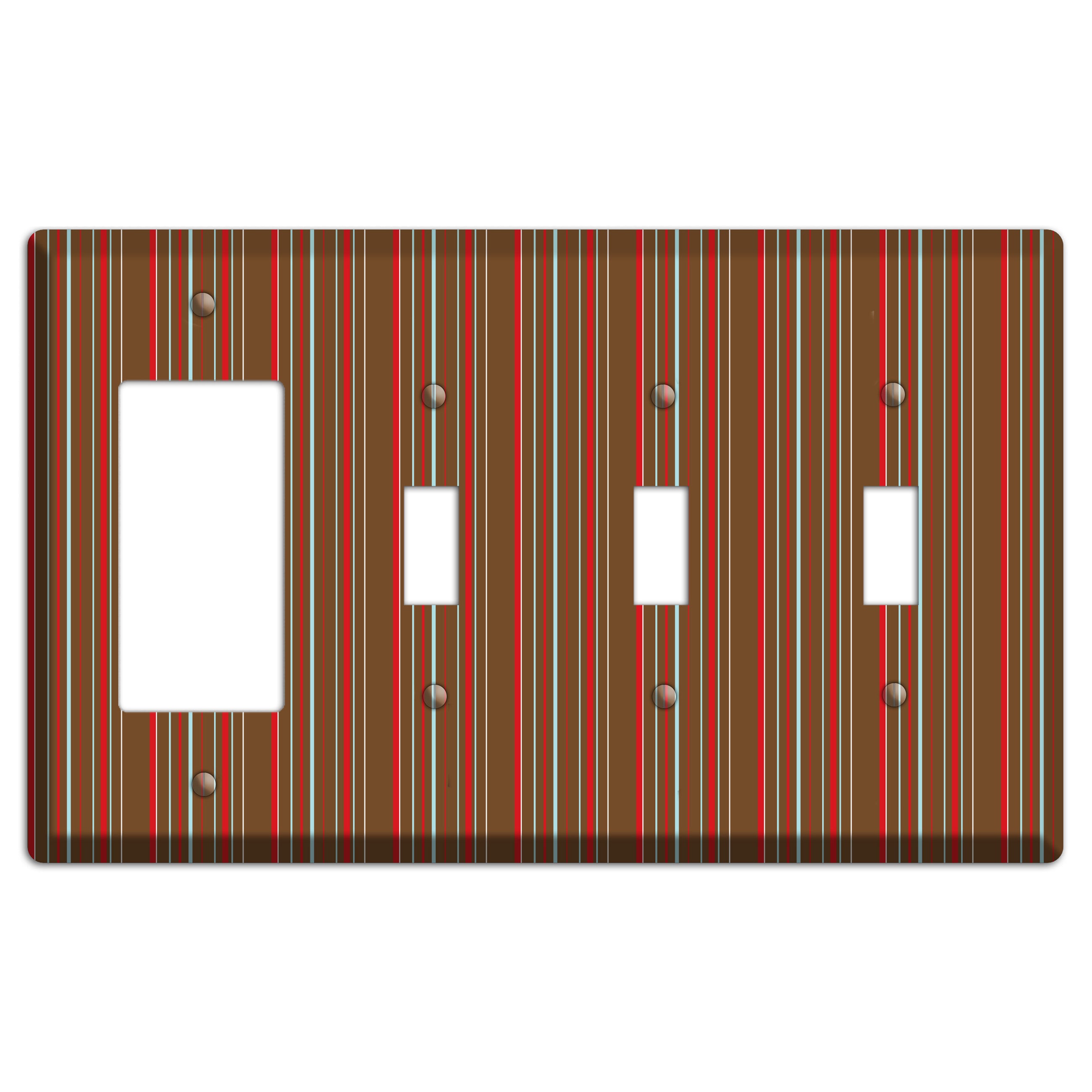 Brown Red and Dusty Blue Vertical Stripes Rocker / 3 Toggle Wallplate