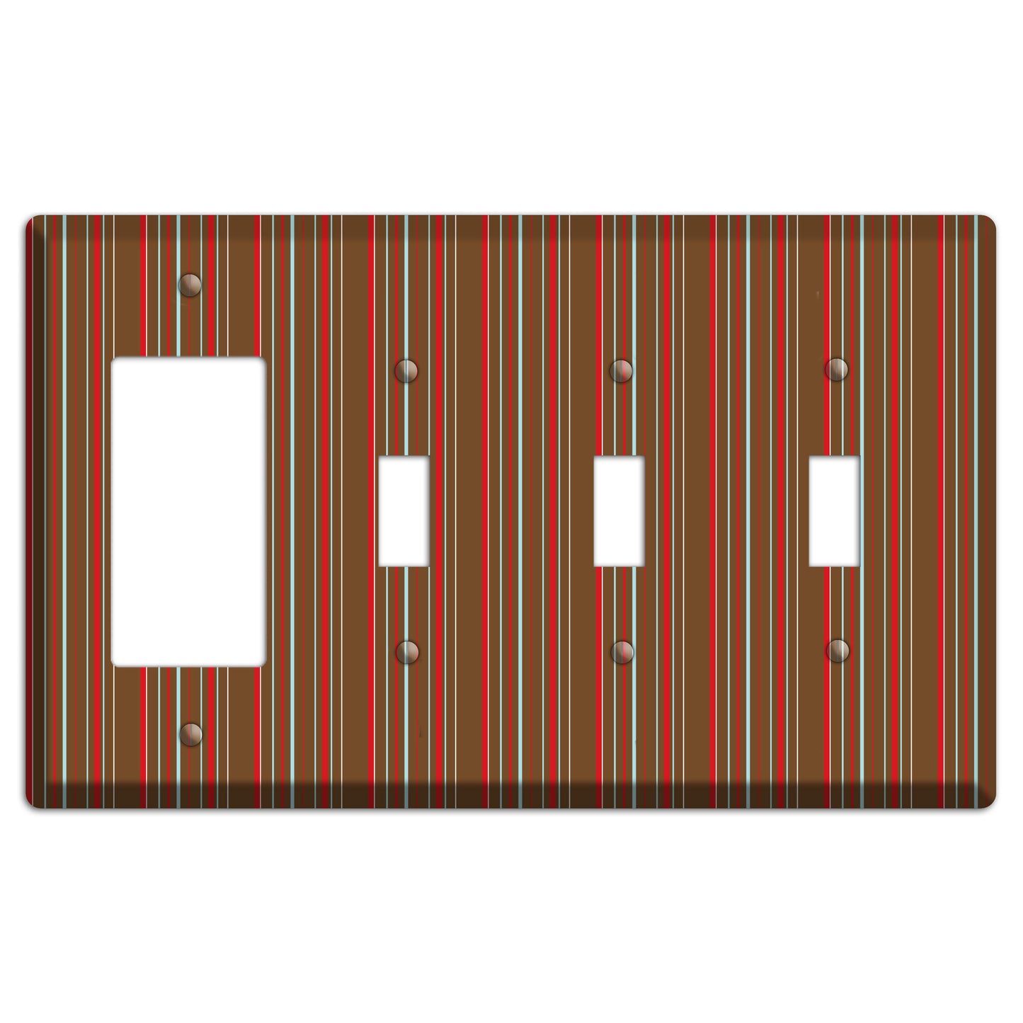 Brown Red and Dusty Blue Vertical Stripes Rocker / 3 Toggle Wallplate