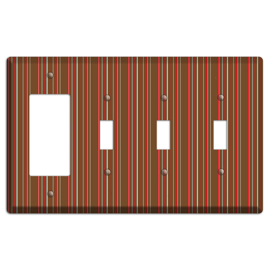 Brown Red and Dusty Blue Vertical Stripes Rocker / 3 Toggle Wallplate