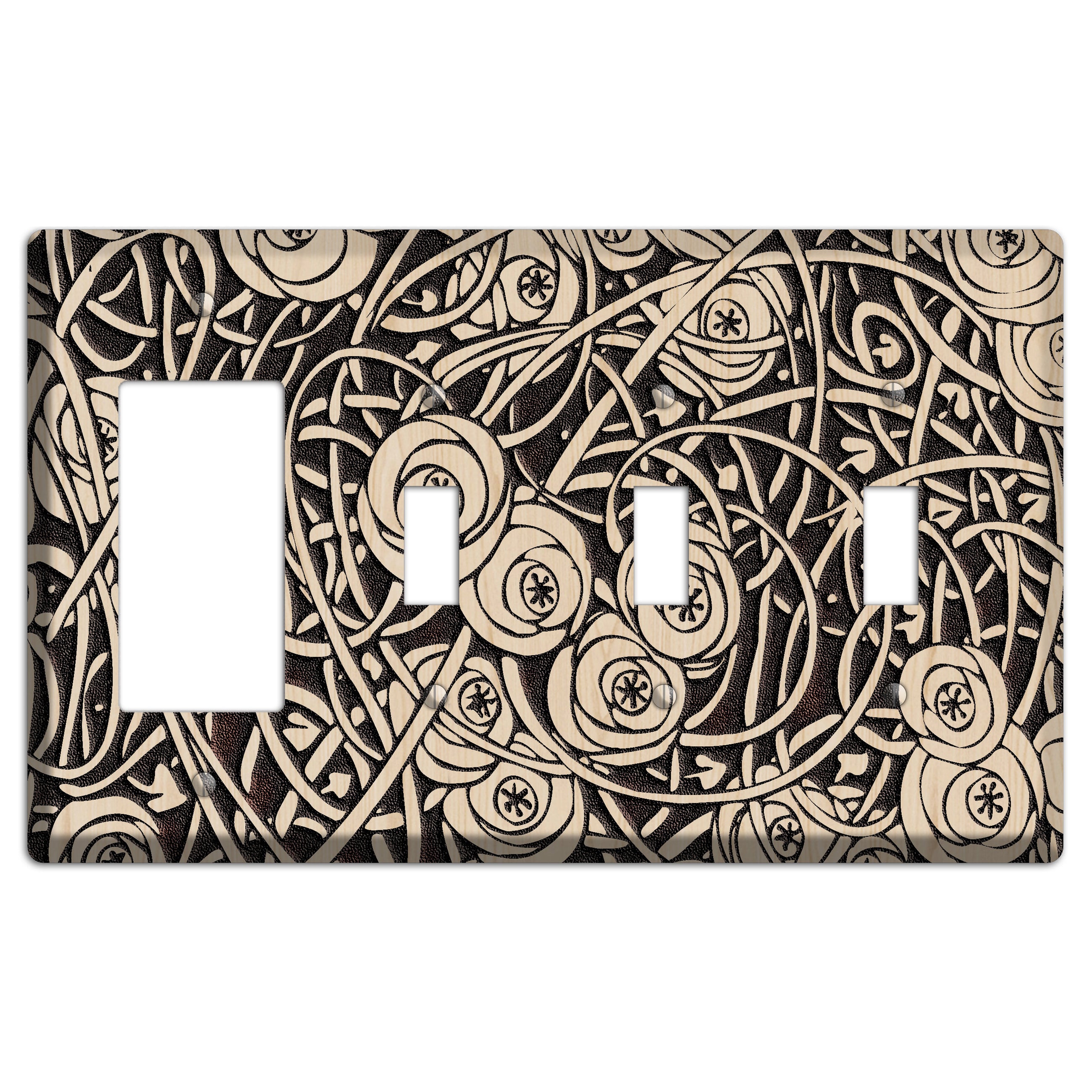 Deco Floral Wood Lasered Rocker / 3 Toggle Wallplate