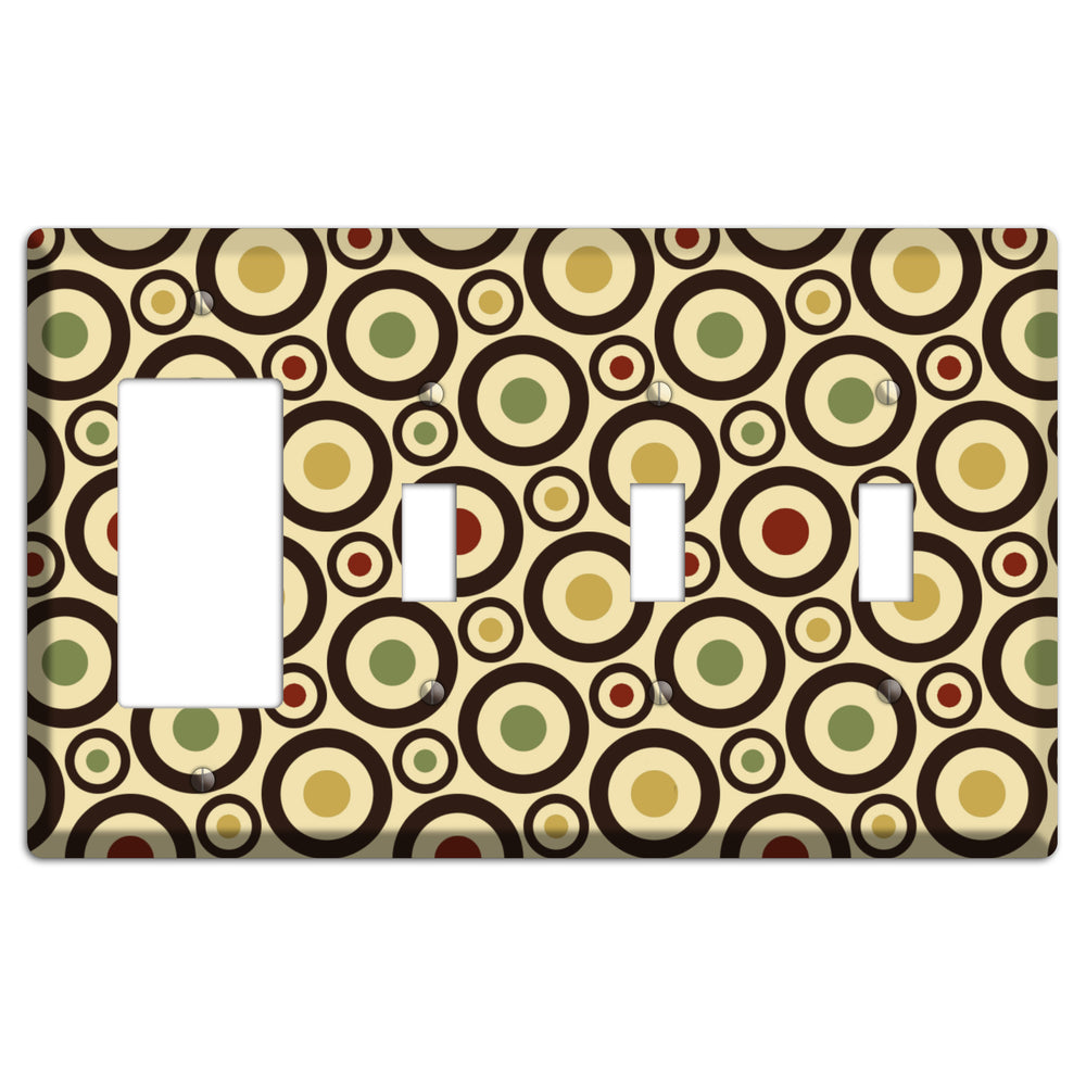 Beige with Olive Mustard Maroon Retro Bullseye Rocker / 3 Toggle Wallplate