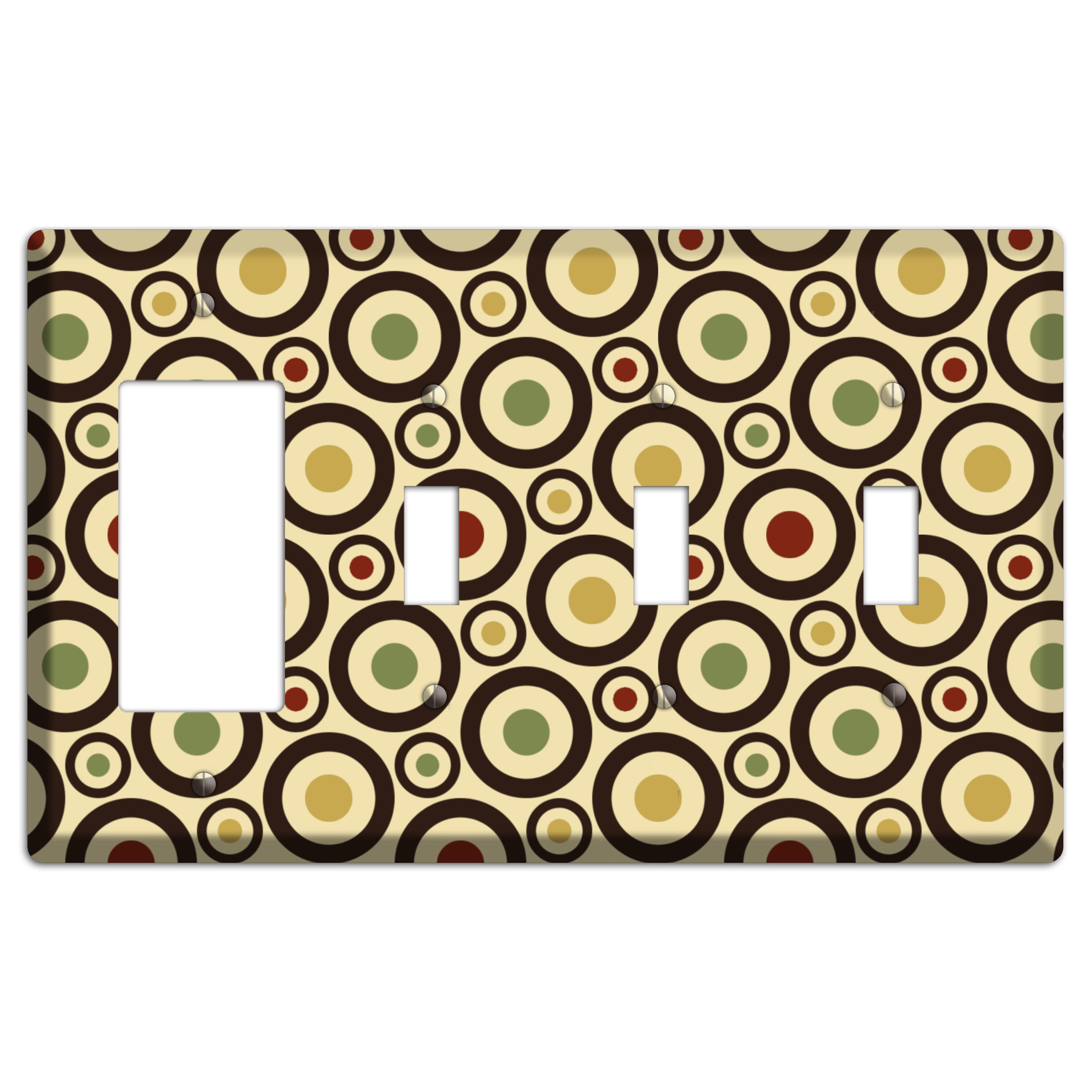 Beige with Olive Mustard Maroon Retro Bullseye Rocker / 3 Toggle Wallplate
