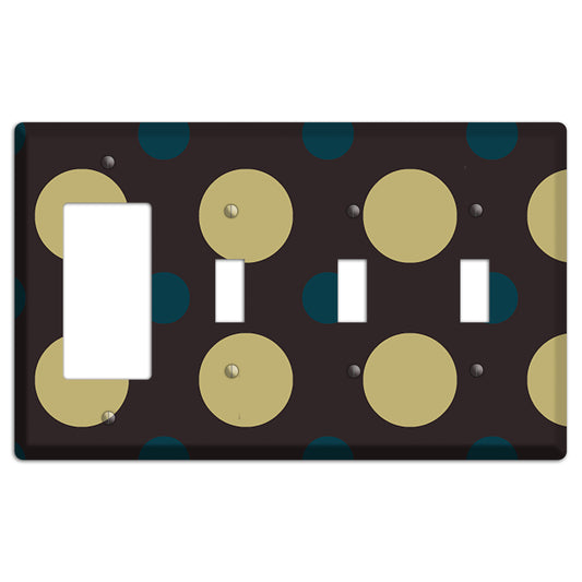 Brown with Olive and Dark Aqua Multi Polka Dots Rocker / 3 Toggle Wallplate