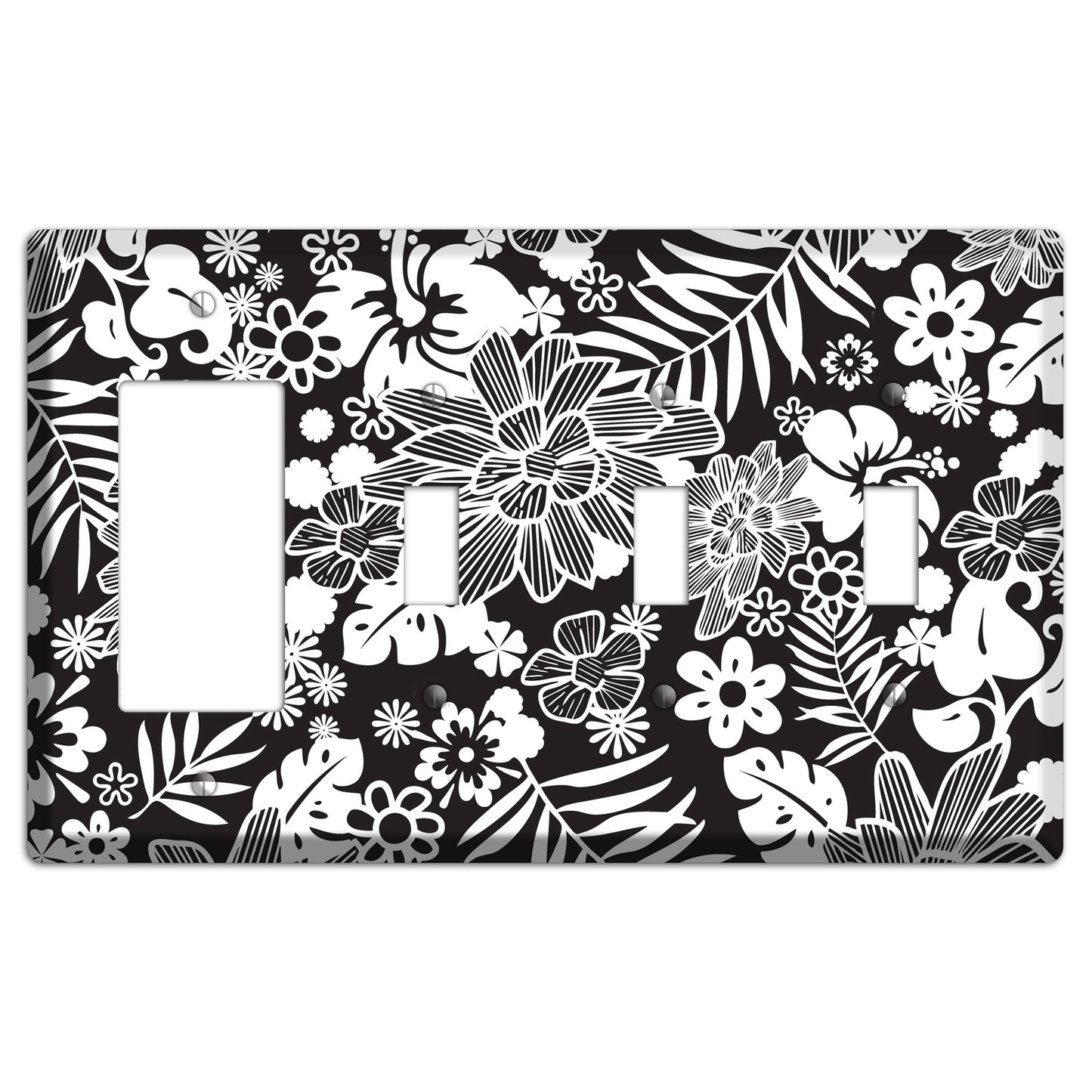 Black with White Tropical Rocker / 3 Toggle Wallplate