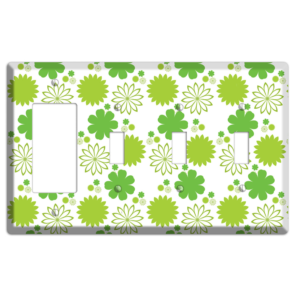 White with Multi Green Floral Contour Rocker / 3 Toggle Wallplate