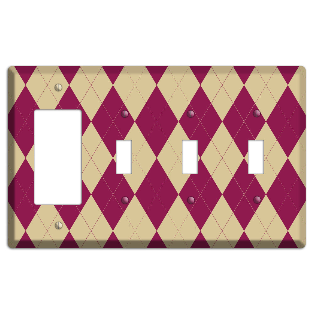 Red and Tan Argyle Rocker / 3 Toggle Wallplate