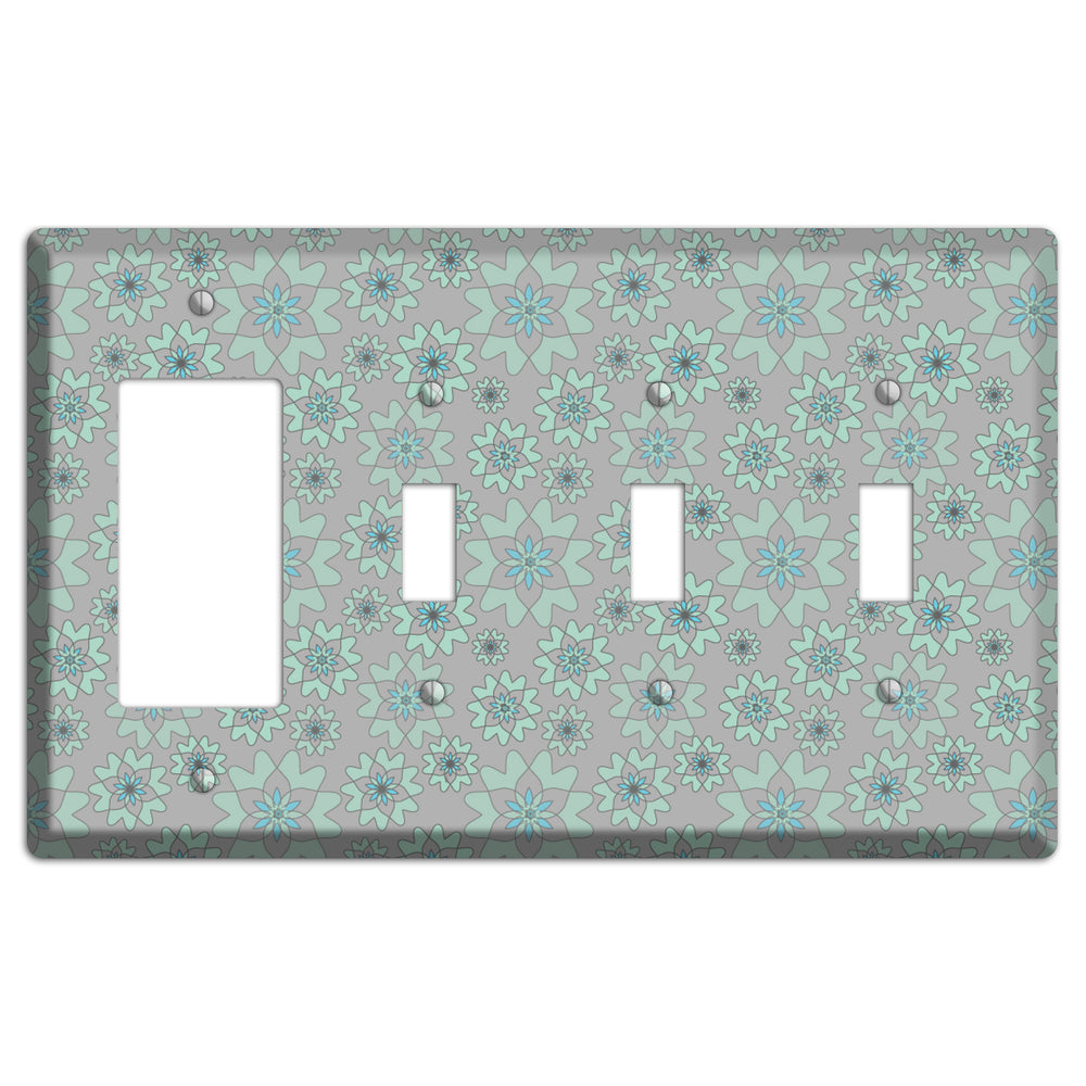 Grey with Aqua Retro Suzani Rocker / 3 Toggle Wallplate