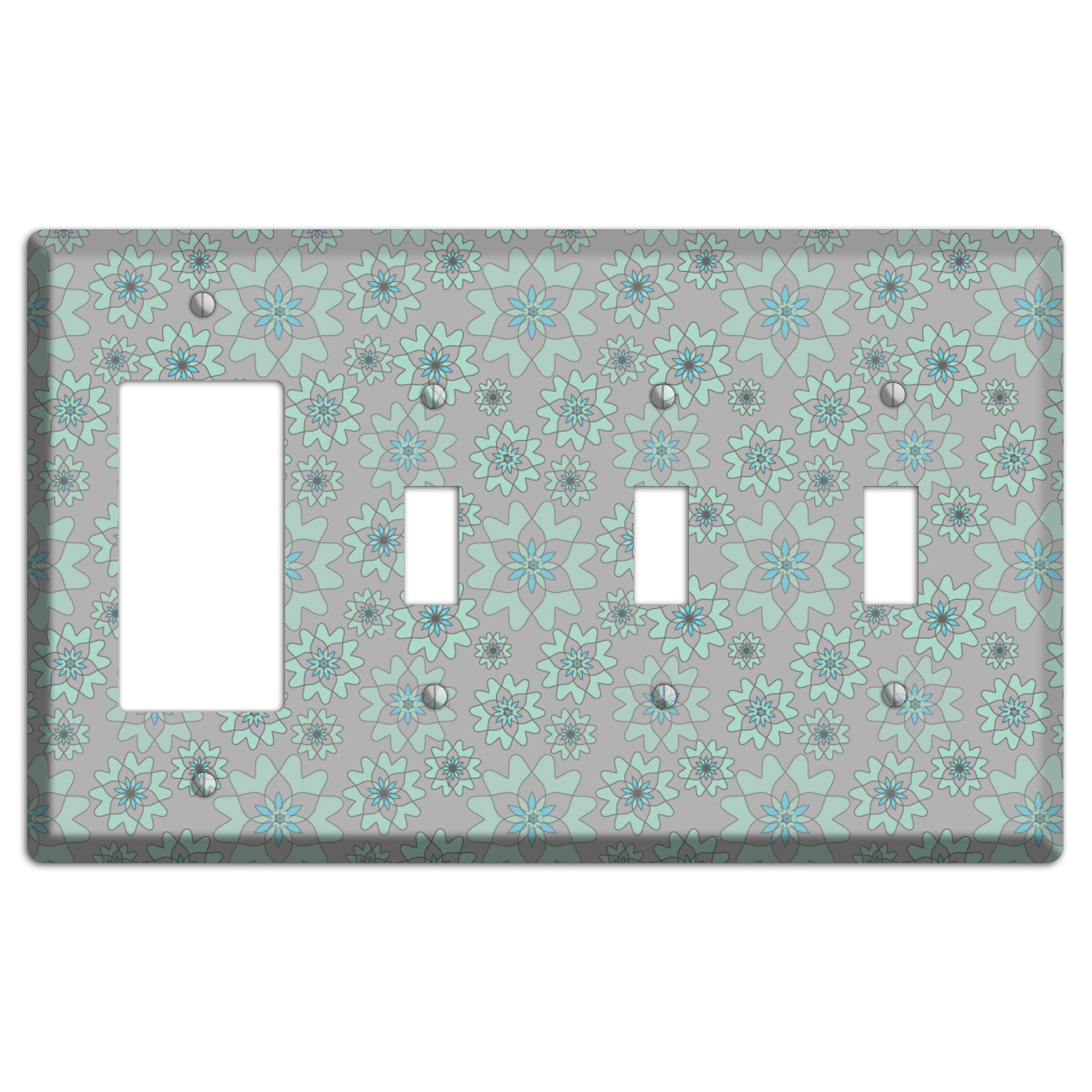 Grey with Aqua Retro Suzani Rocker / 3 Toggle Wallplate