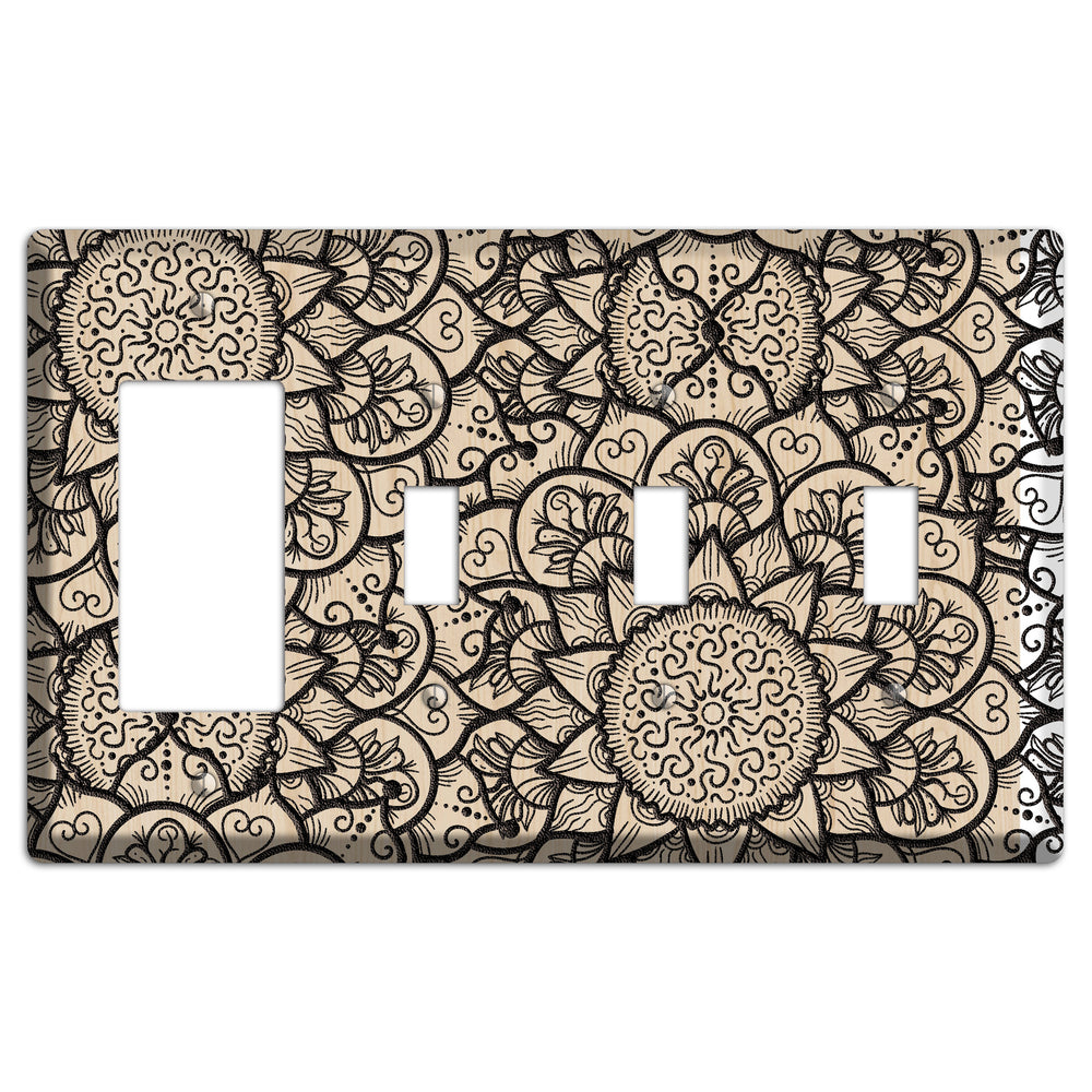 Mandala Black and White Style W Wood Lasered Rocker / 3 Toggle Wallplate