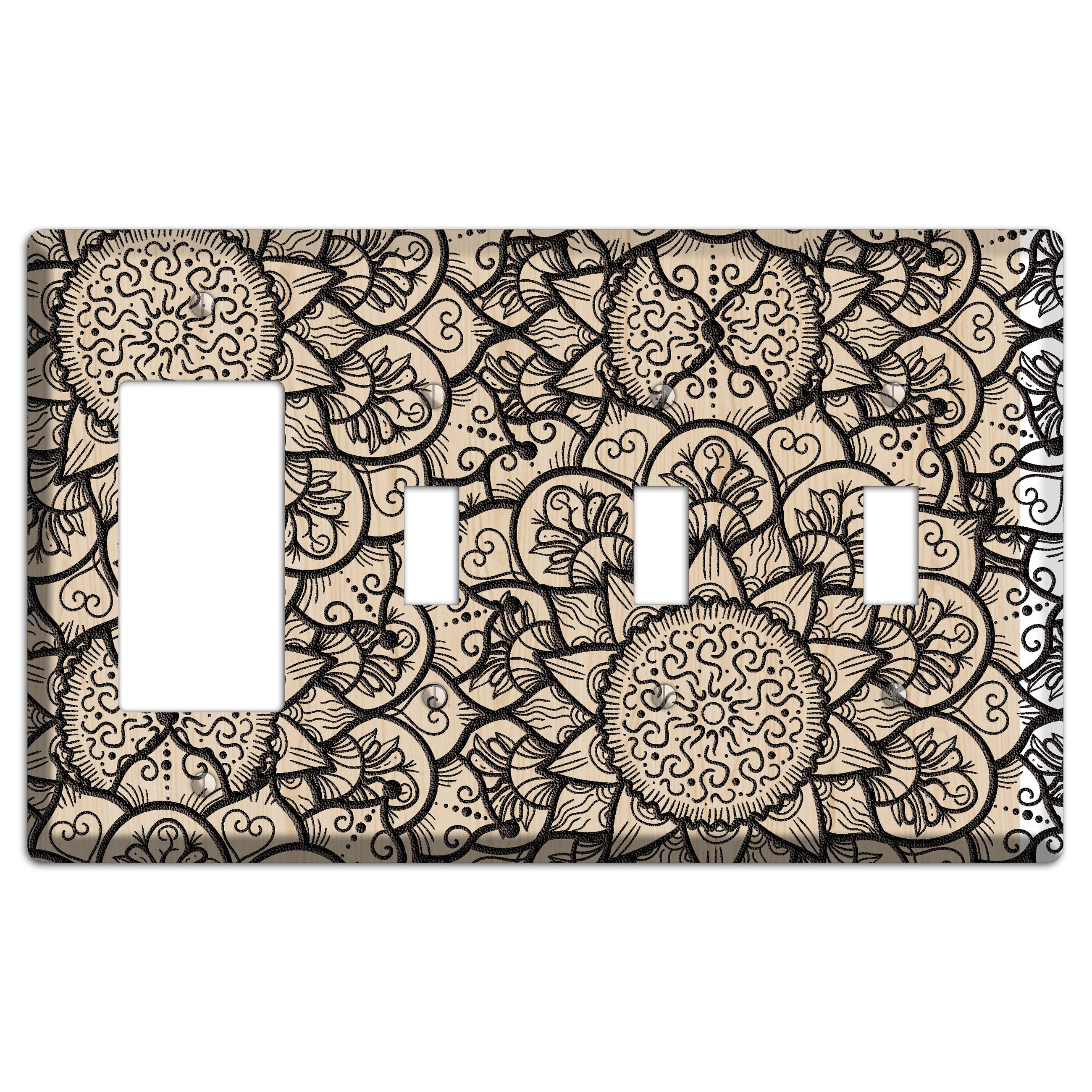 Mandala Black and White Style W Wood Lasered Rocker / 3 Toggle Wallplate