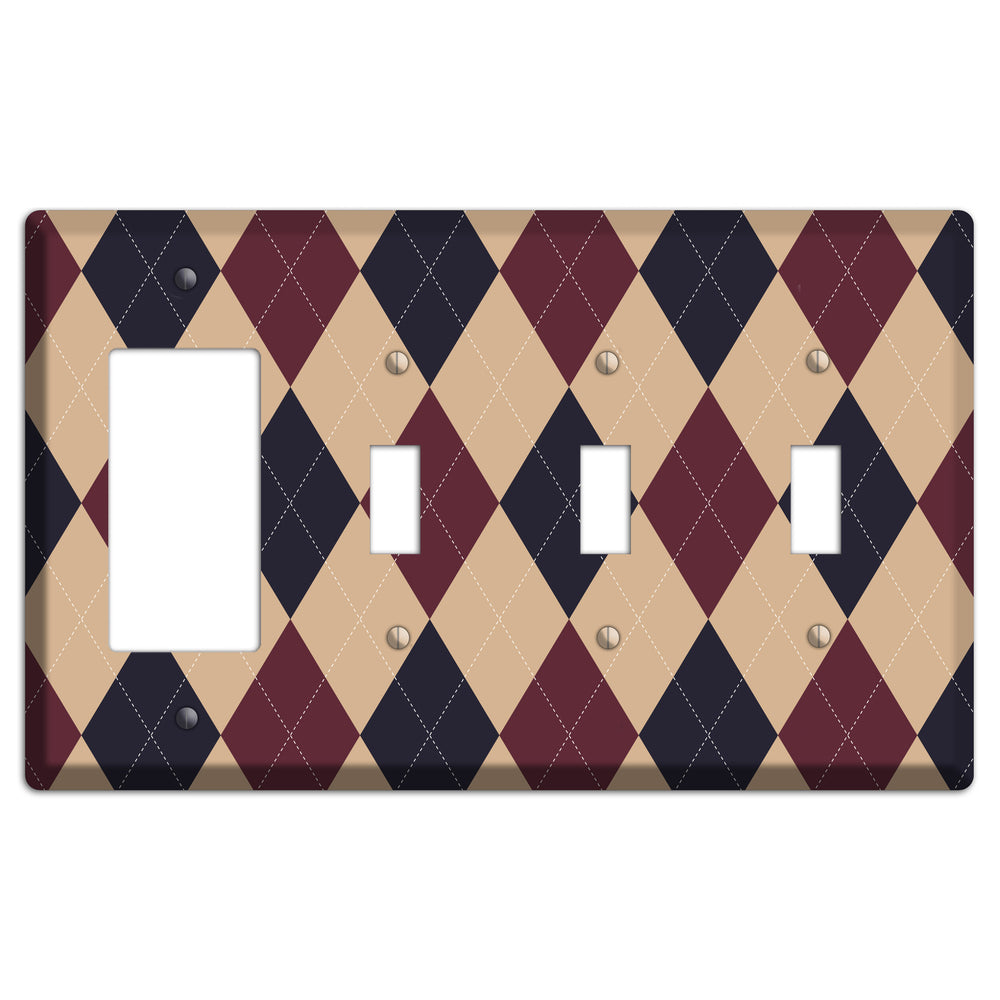 Brown and Tan Argyle Rocker / 3 Toggle Wallplate