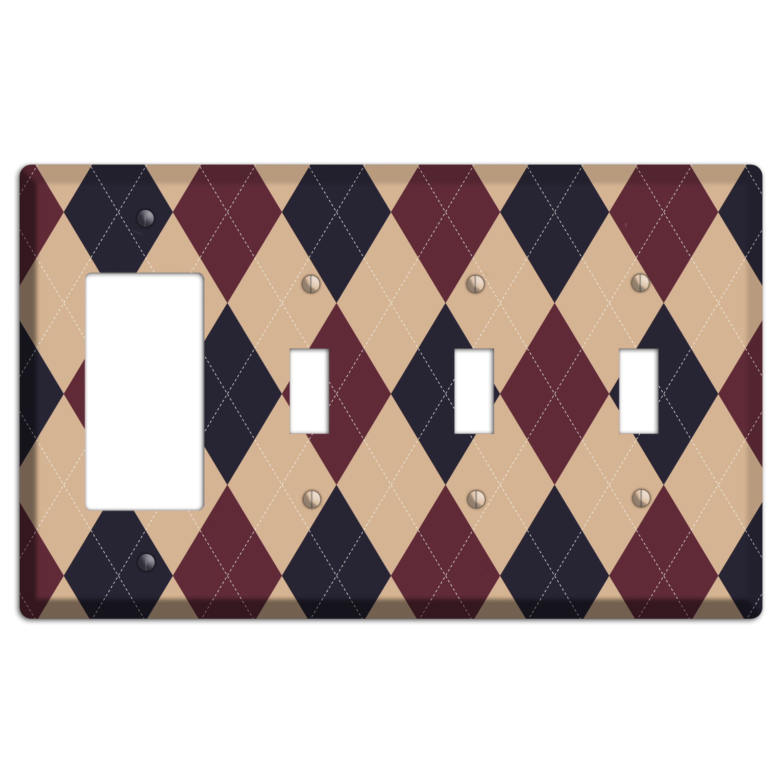 Brown and Tan Argyle Rocker / 3 Toggle Wallplate