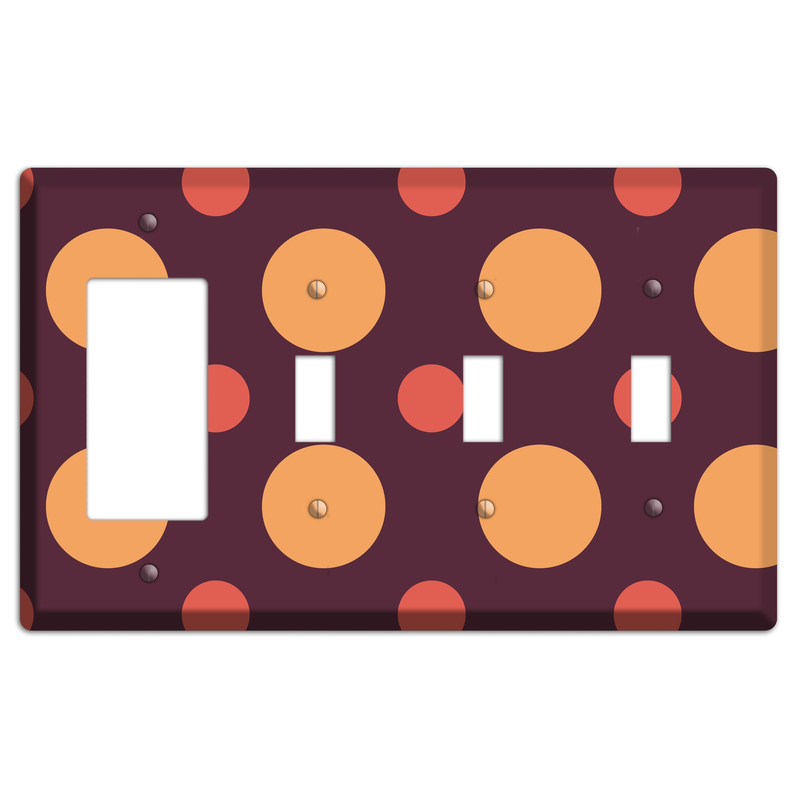 Eggplant with Multi Coral Multi Medium Polka Dots Rocker / 3 Toggle Wallplate