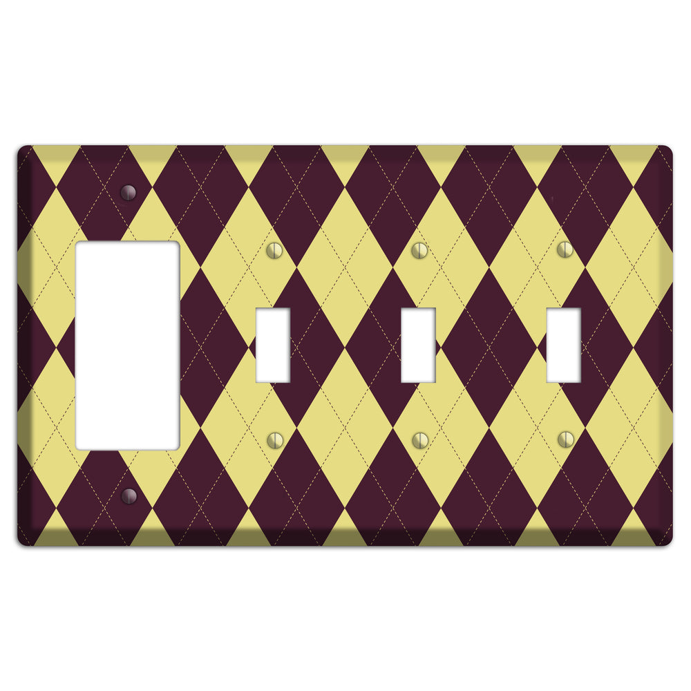 Yellow and Dark Maroon Argyle Rocker / 3 Toggle Wallplate