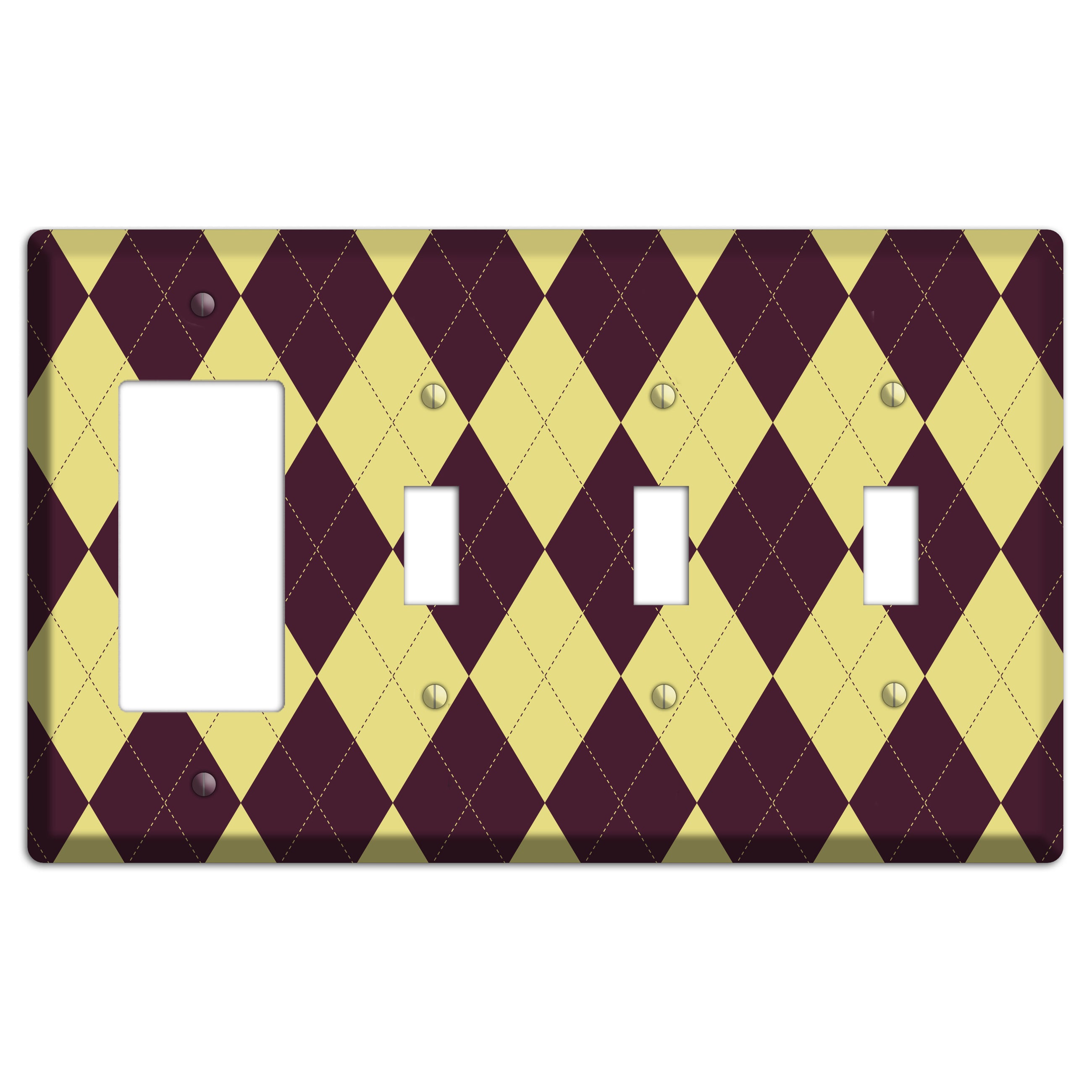 Yellow and Dark Maroon Argyle Rocker / 3 Toggle Wallplate