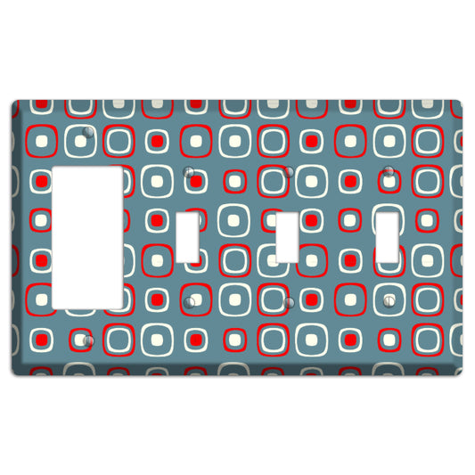 Blue and Red Rounded Squares Rocker / 3 Toggle Wallplate
