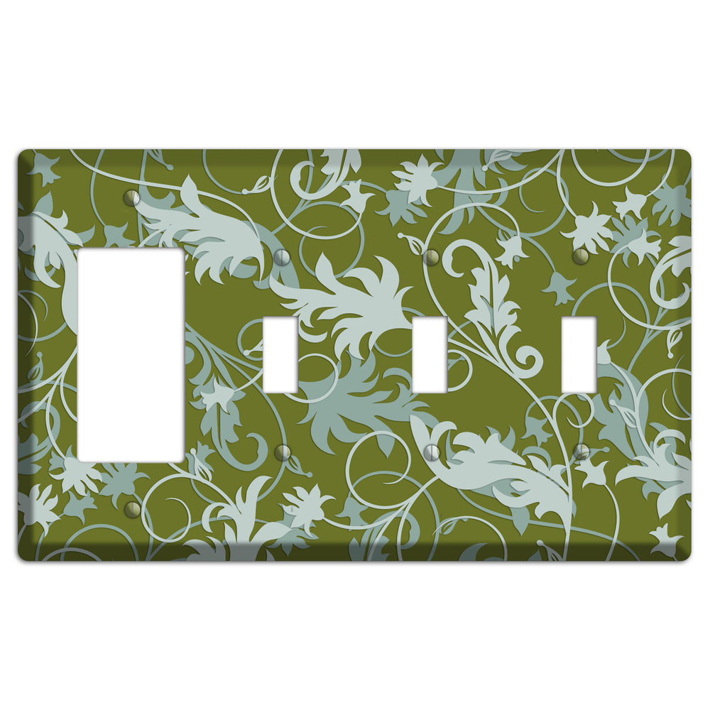 Green and Beige Victorian Sprig Rocker / 3 Toggle Wallplate