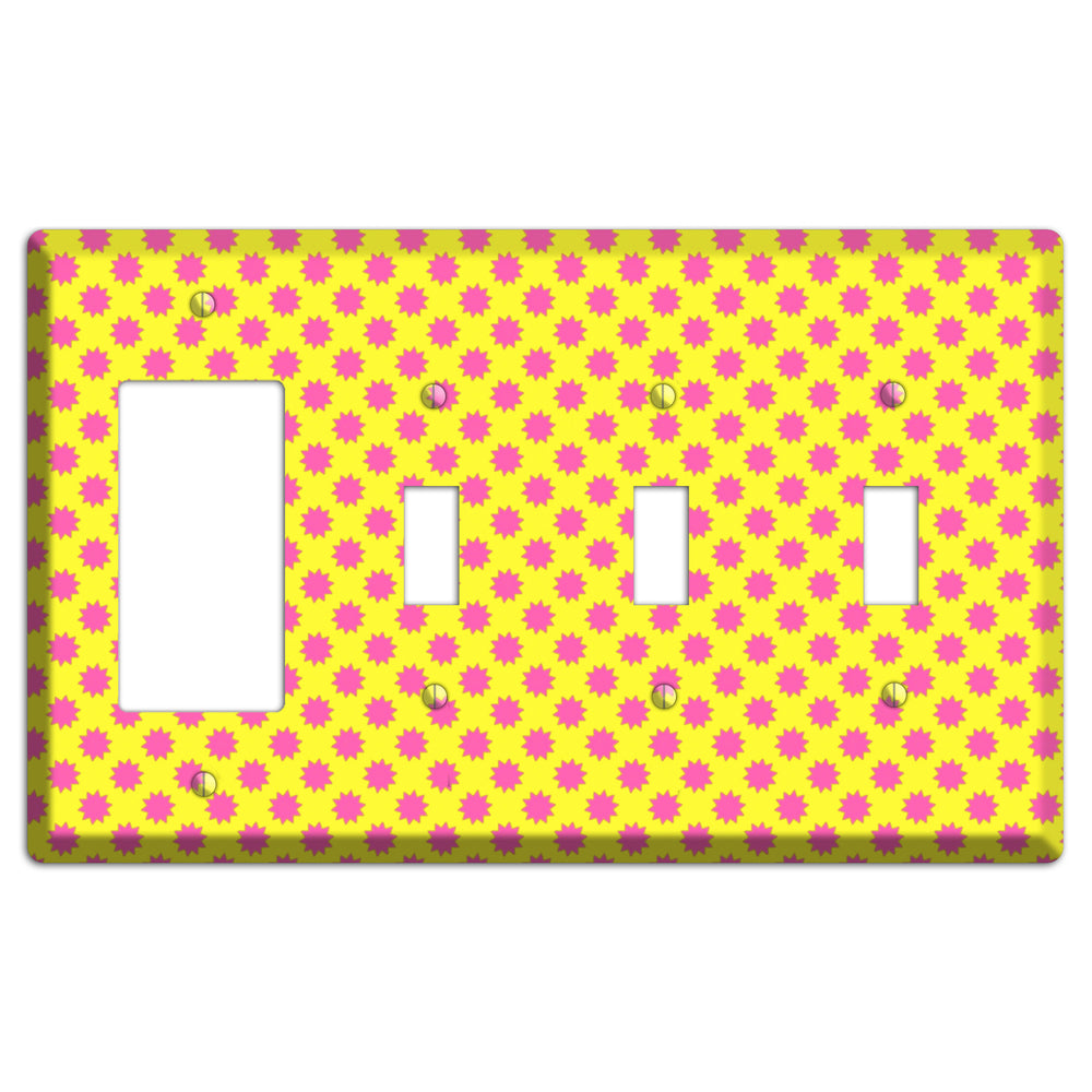 Yellow with Pink Burst Rocker / 3 Toggle Wallplate