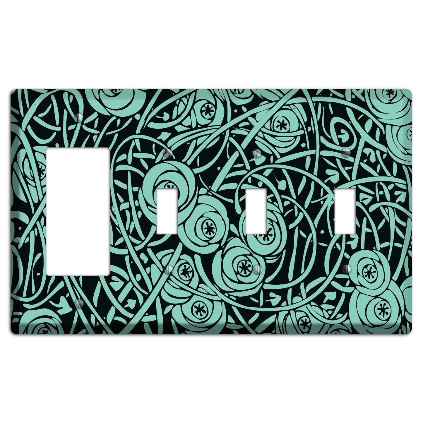 Teal Deco Floral Rocker / 3 Toggle Wallplate