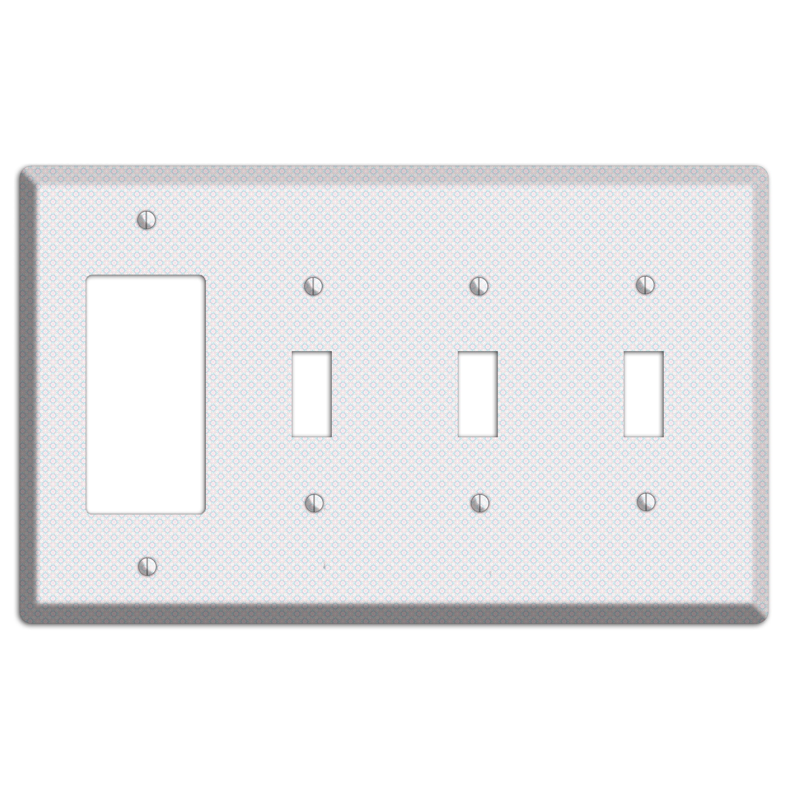 White with Light Blue Tiny Arabesque Rocker / 3 Toggle Wallplate