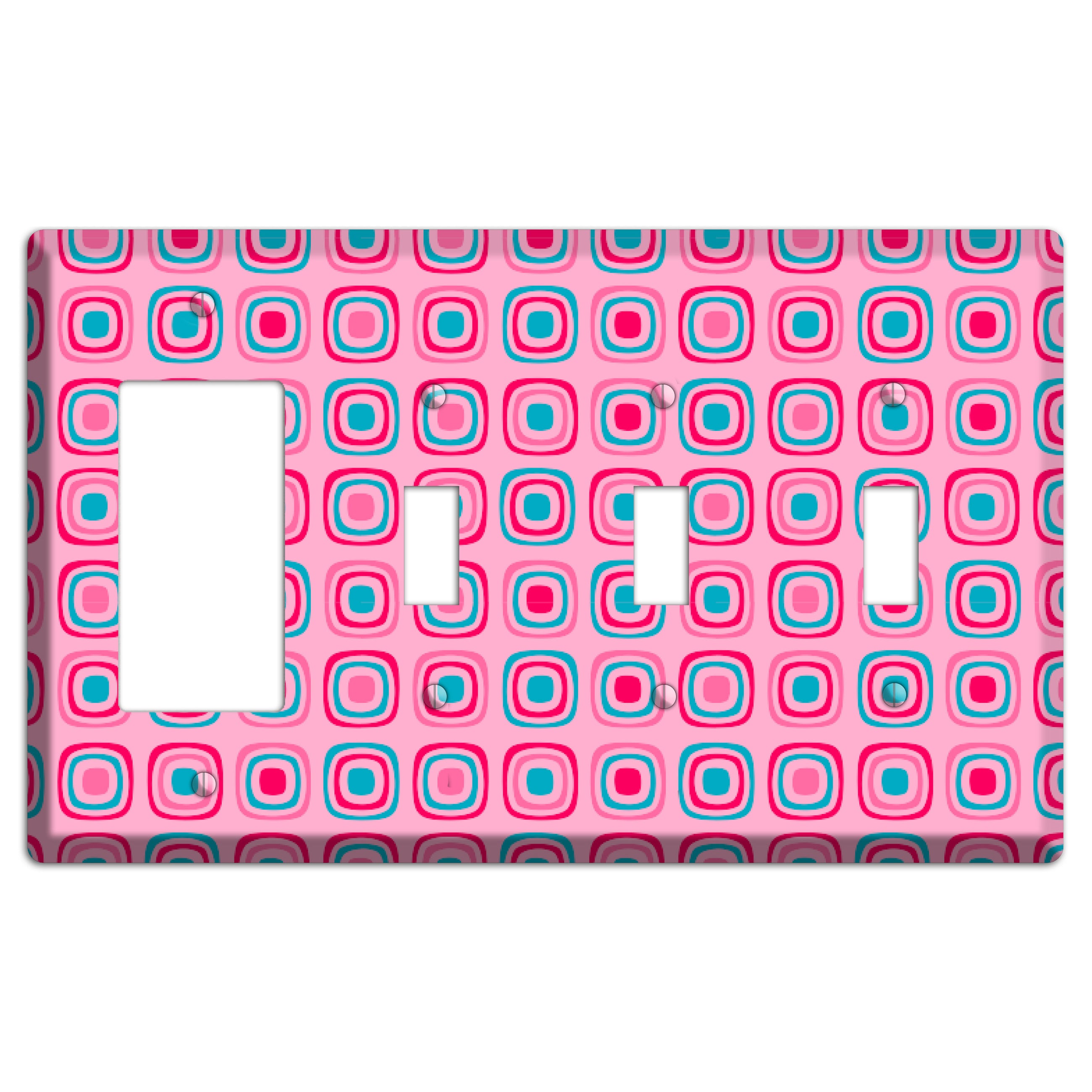 Pink and Blue Rounded Squares Rocker / 3 Toggle Wallplate