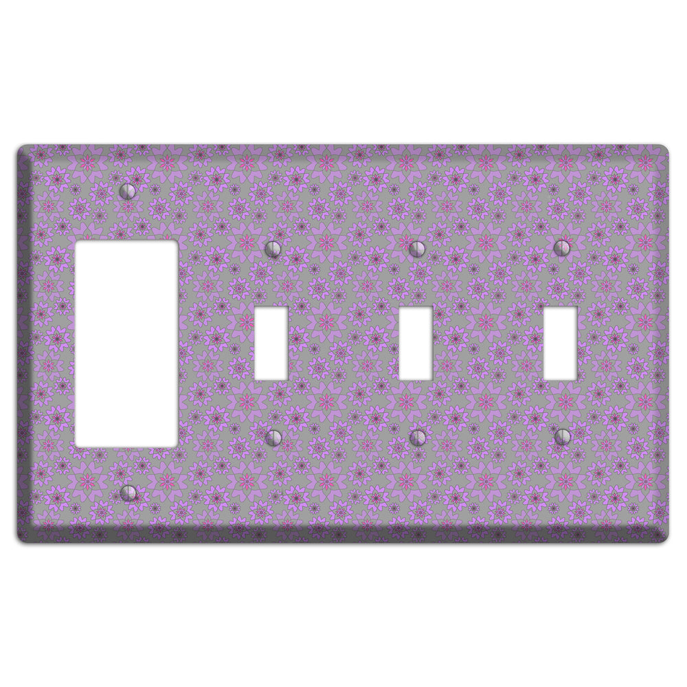 Grey with Tiny Purple Retro Suzani Rocker / 3 Toggle Wallplate