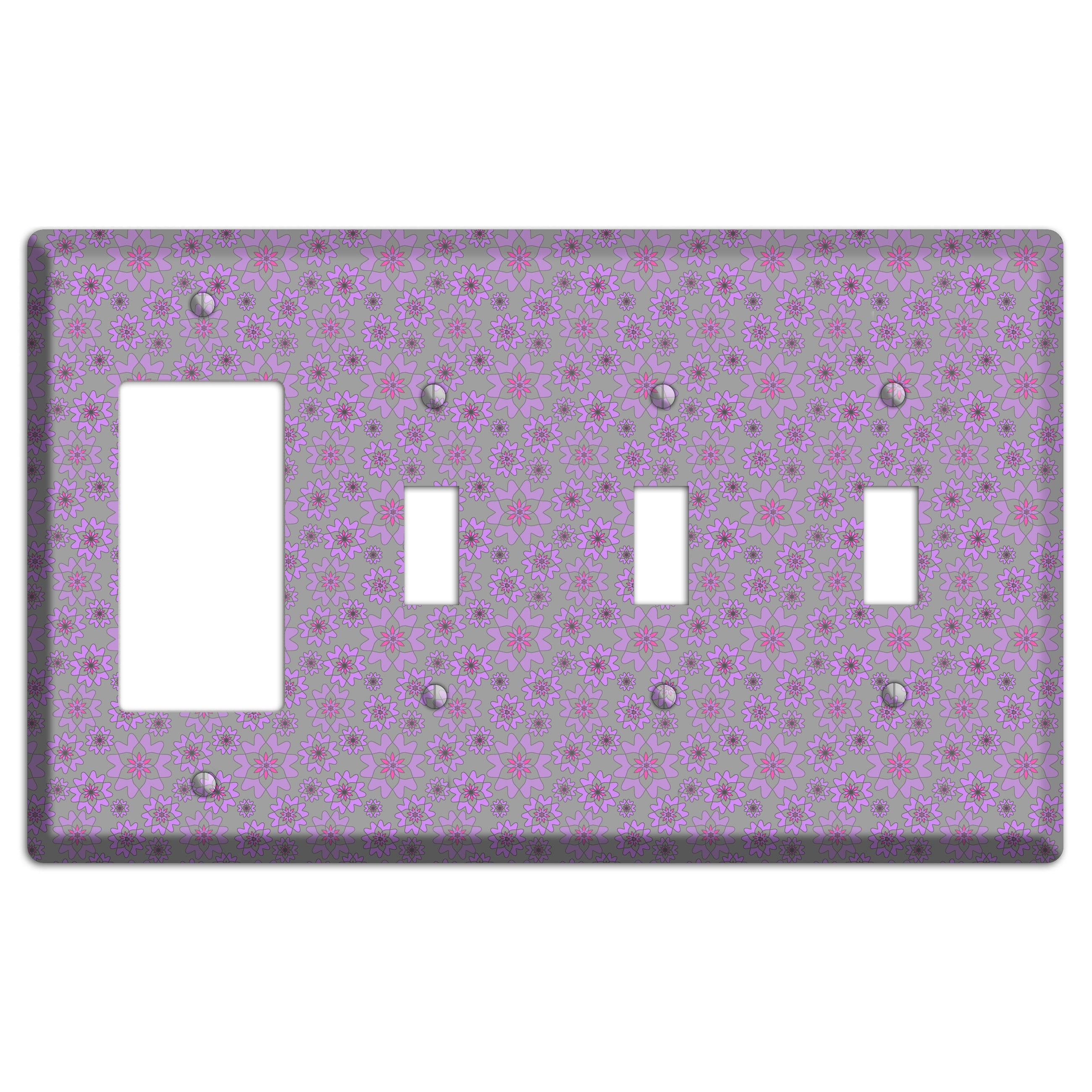 Grey with Tiny Purple Retro Suzani Rocker / 3 Toggle Wallplate
