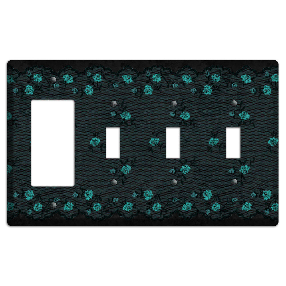Embroidered Floral Black Rocker / 3 Toggle Wallplate