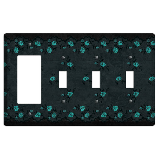 Embroidered Floral Black Rocker / 3 Toggle Wallplate