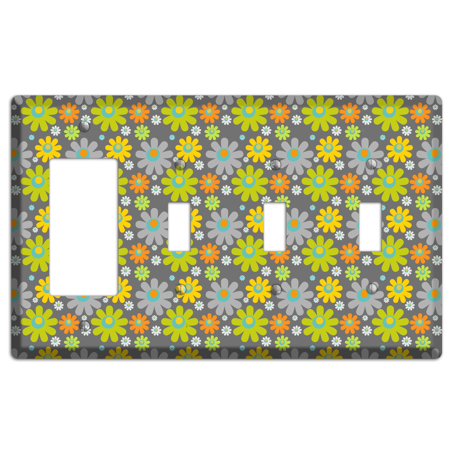 Grey and Yellow Flower Power Rocker / 3 Toggle Wallplate